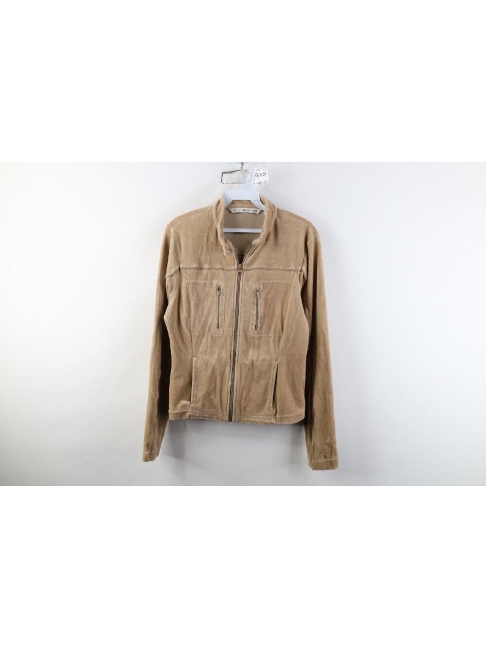 Vintage 90s Y2K Tommy Hilfiger Womens Medium Babydoll Velour Moto Jacket Beige